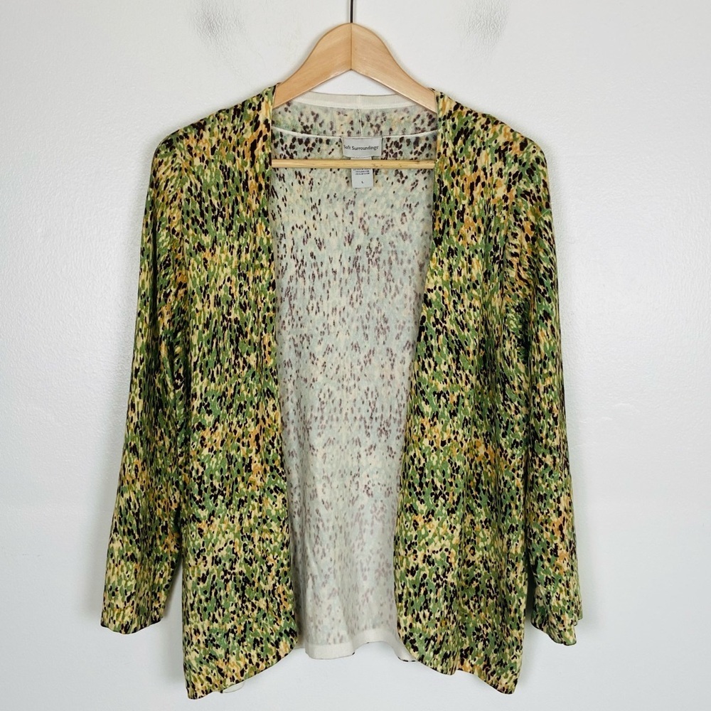 Soft Surroundings Women's Open Front‎ Cardigan Size L Green Leopard Animal Print